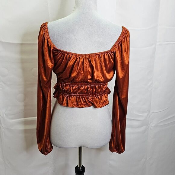 Forever 21 Chestnut Brown Satin Puff Sleeve Tie Front Crop Top Size Medium - Picture 7 of 10